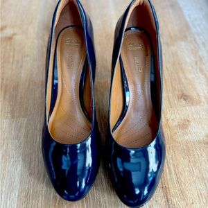 Shiny blue heels from Clark’s store.